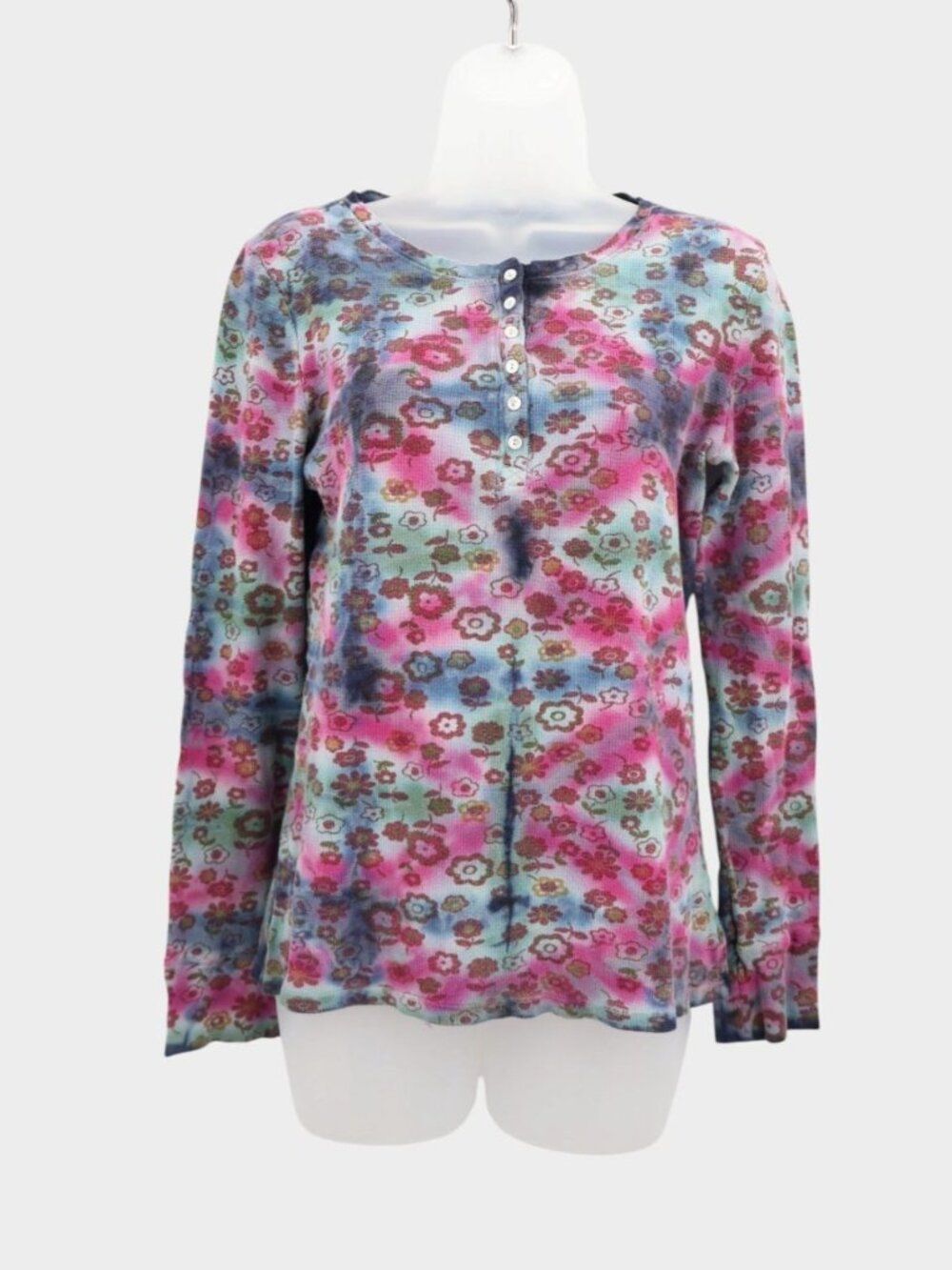 VTG Y2K Lucky Brand Floral Thermal Henley Top Women Large Pink Blue Boho USA